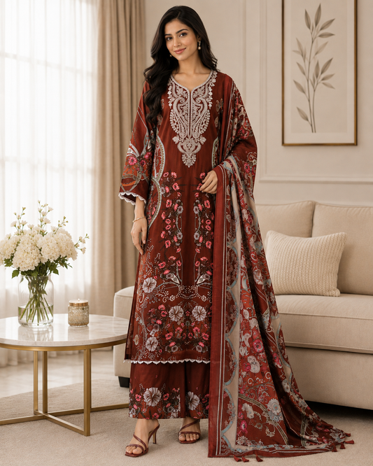 Fully Stitched -Rayon Pakistani Style Suit with Digital Print, Embroidery & Cotton Dupatta