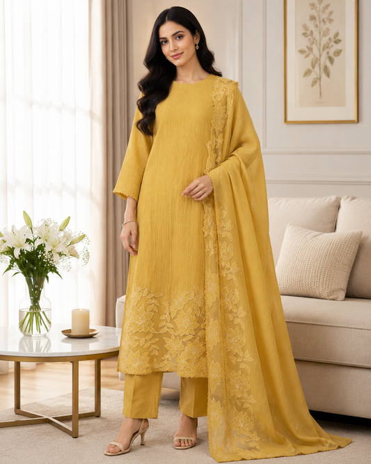Premium Crush Mul Cotton Unstitched Suit with Laser Cut Work and Embroidery