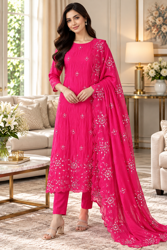 SD1125 - Organza Unstitched Suit with Mirror Highlighting, Embroidered Dupatta & Scalloped Edges