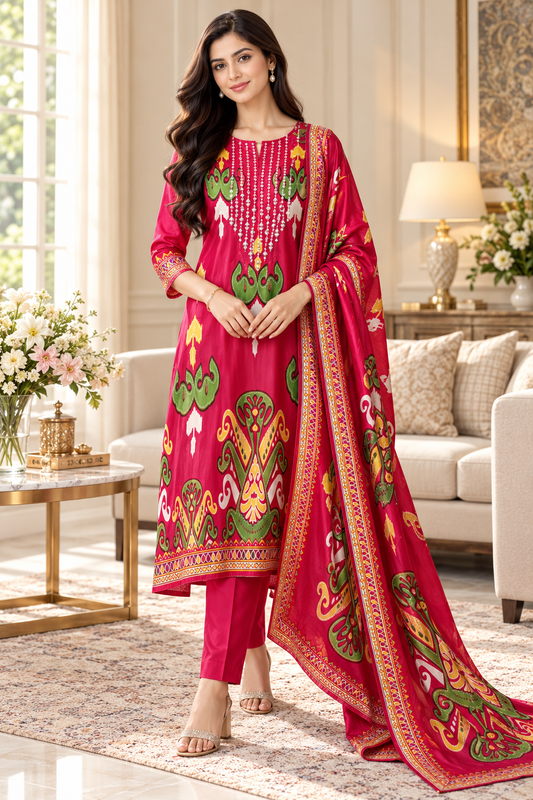 SD1224 - Gajji Silk Unstitched Suit with Digital Print, Mirror Work, Embroidered Kurta & Digital Print Dupatta