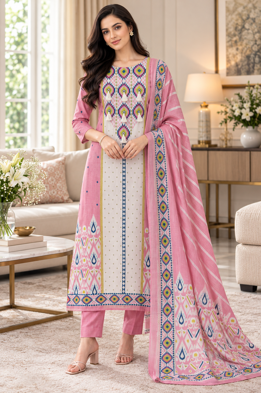 SD1118 -Linen Cotton Digital Printed Unstitched Suit with Mirror Work, Pearl Highlighting & Dupatta