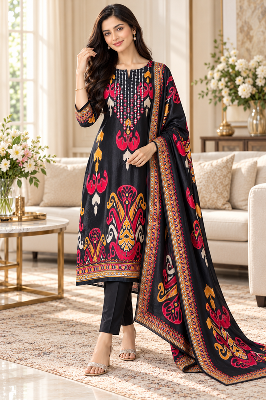 SD1224 - Gajji Silk Unstitched Suit with Digital Print, Mirror Work, Embroidered Kurta & Digital Print Dupatta