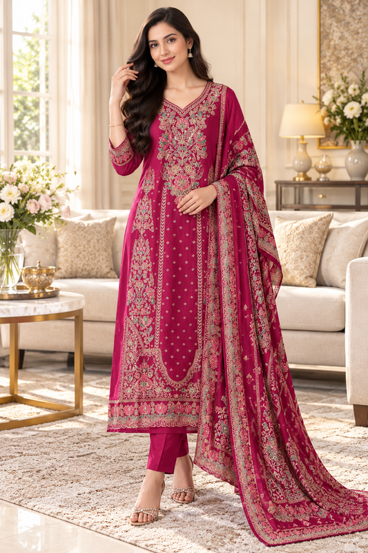 SD1241-Crepe Unstitched Suit Set with Overall Zari Highlighting and Chinnon Digital Print Dupatta
