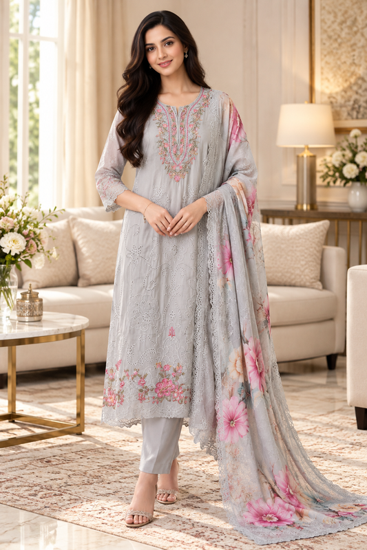 SD1128 - Designer Twill Burberry Unstitched Suit with Laser Cut Work, Hand Embroidery & Scalloped Chiffon Dupatta –