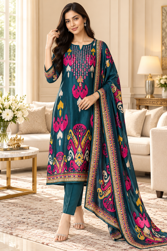 SD1224 - Gajji Silk Unstitched Suit with Digital Print, Mirror Work, Embroidered Kurta & Digital Print Dupatta