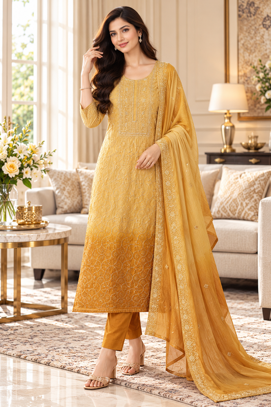 SD1223 - Mul Cotton Unstitched Suit with Ombre Effect, Overall Embroidered Kurta & Matching Dupatta