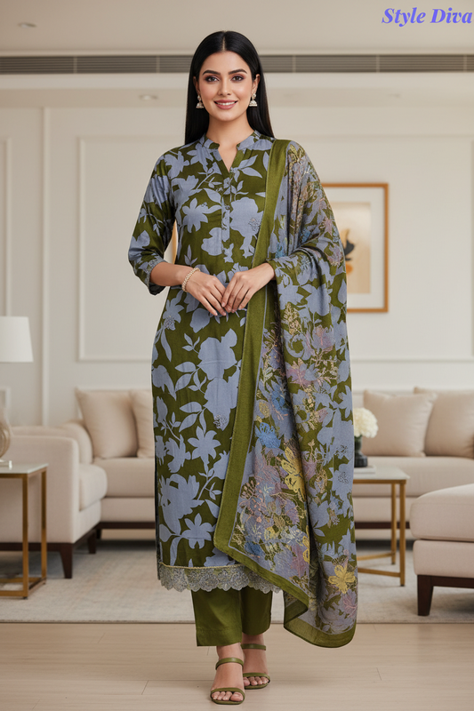 Cotton Printed Daman Embroidery Unstitched Suit Set