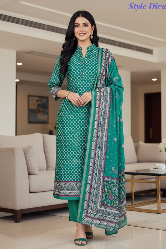 Cotton Maheshwari Digital Print Unstitched Suit with Banarasi Border Dupatta