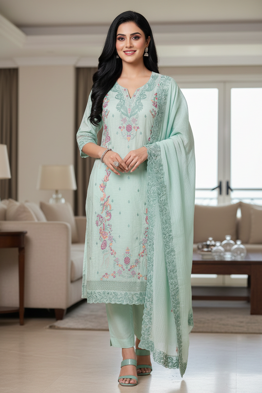 (LIGHT GREEN )-Pure Mul Cotton Cross-Stitch Embroidered Unstitched Suit with Scalloped Dupatta
