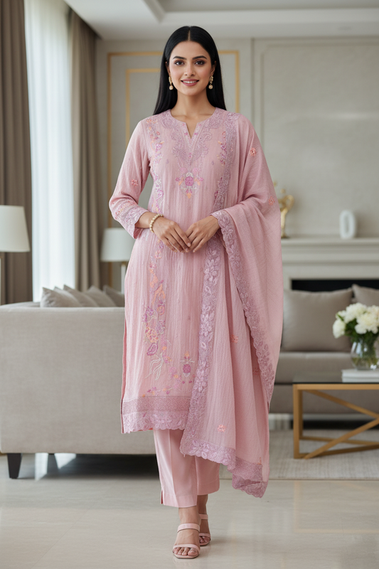 Pure Mul Cotton Cross-Stitch Embroidered Unstitched Suit with Scalloped Dupatta