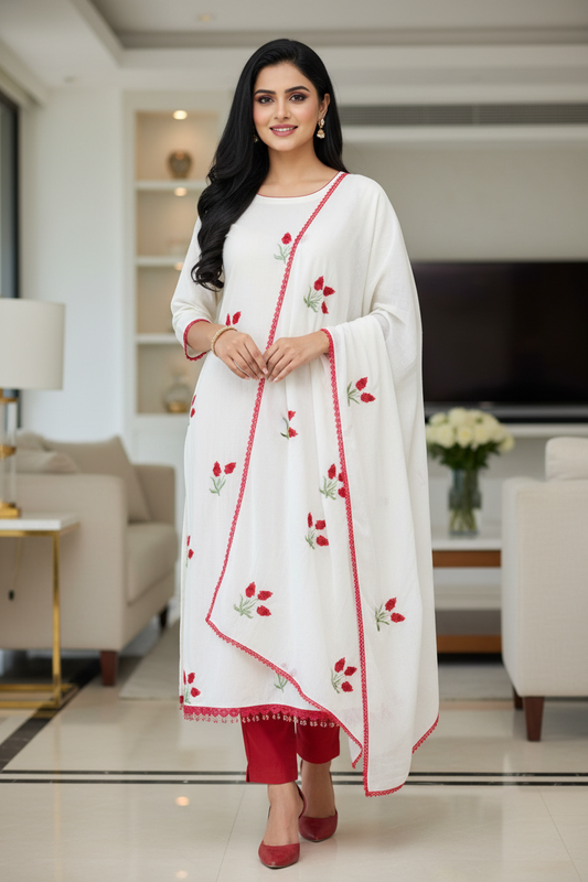 Pure Cotton Embroidered Unstitched Suit with Crochet Lacing | 3 Pc Set