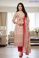 Cotton Digital Print Un-Stitched Suit with Crochet Lacing & Mul Cotton Dupatta