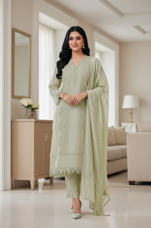 Cotton Khadi Pakistani Style Semi-Stitched Suit with Crochet Lacing Work