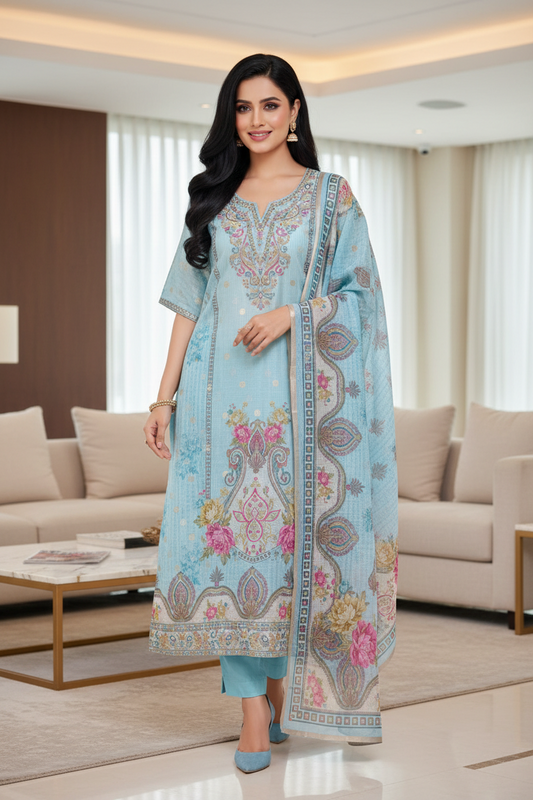 Kota Digital Printed Unstitched Suit with Pearl Highlighting and Printed Dupatta