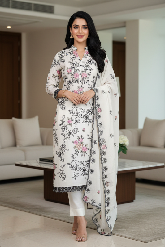 Mul Cotton Thread Embroidered Unstitched Suit with Scalloped Embroidered Dupatta
