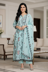 Mul Cotton Thread Embroidered Unstitched Suit with Scalloped Embroidered Dupatta