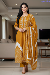 Cotton Digital Print Zari Embroidery Unstitched Suit with Mul Cotton Dupatta
