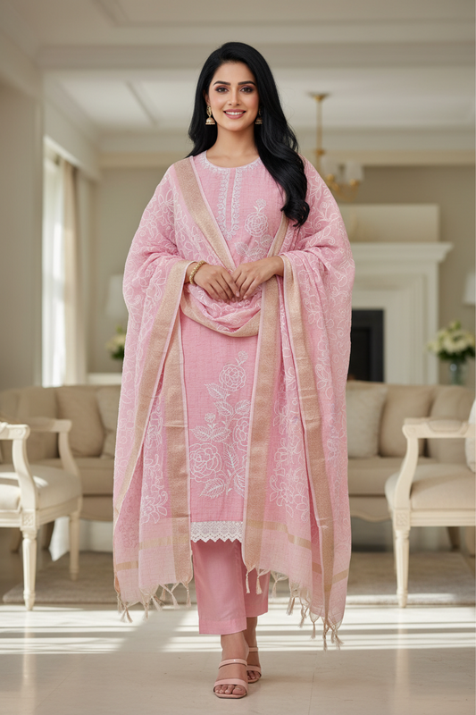 Cotton Linen Thread Embroidered Unstitched Suit with Banarasi Border Dupatta