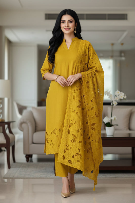 Modal Laser Cut Embroidered Un-Stitched Suit with Designer Dupatta