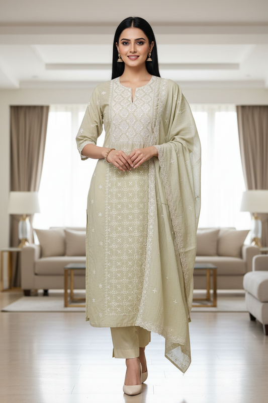 Mul Cotton Lucknowi Embroidered Un-Stitched Suit with Embroidered Dupatta