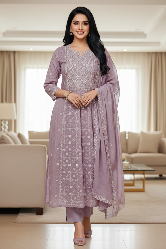 Mul Cotton Lucknowi Embroidered Un-Stitched Suit with Embroidered Dupatta
