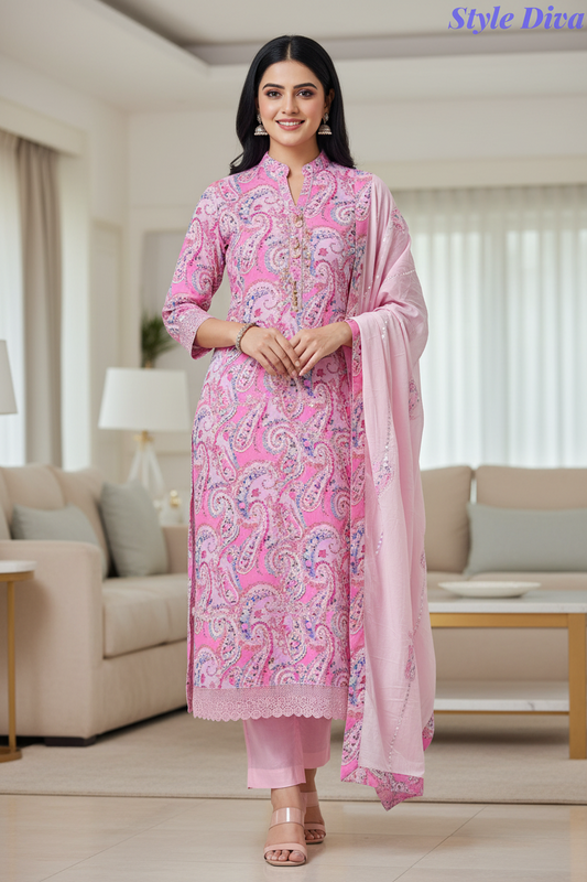 Cotton Printed Unstitched Suit with Faux Mirror & Applique Work Dupatta
