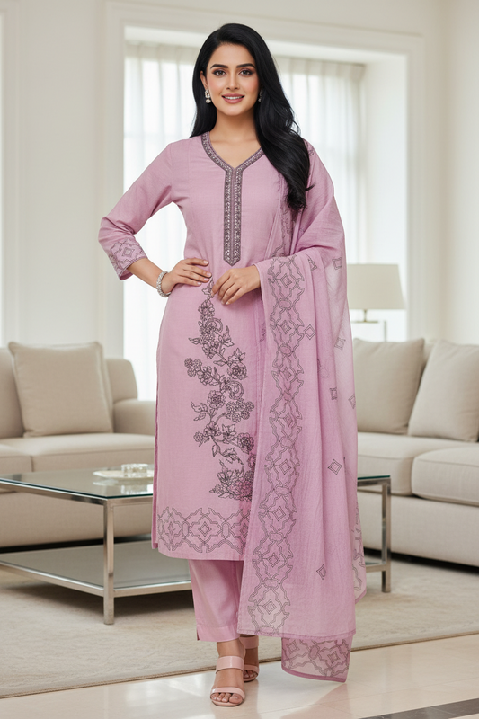 Mul Cotton Lucknowi Embroidered Un-Stitched Suit with Embroidered Dupatta