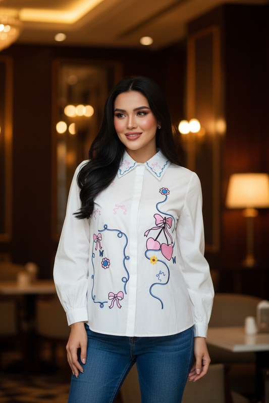 Pure Cotton Floral Embroidered Korean Shirt | Regular Fit Casual Top