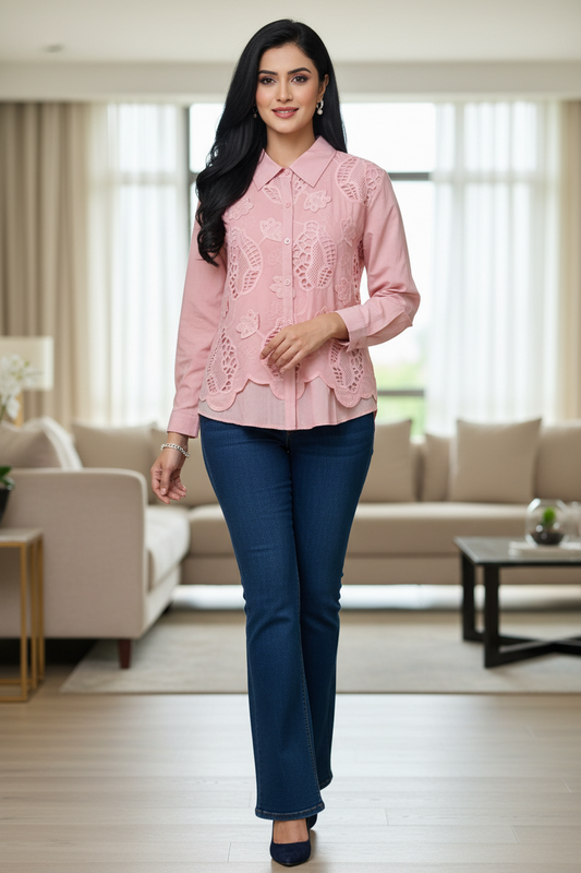 Women’s Pure Cotton 3D Crochet Lacing Korean Shirt | Casual Regular Fit Shirt