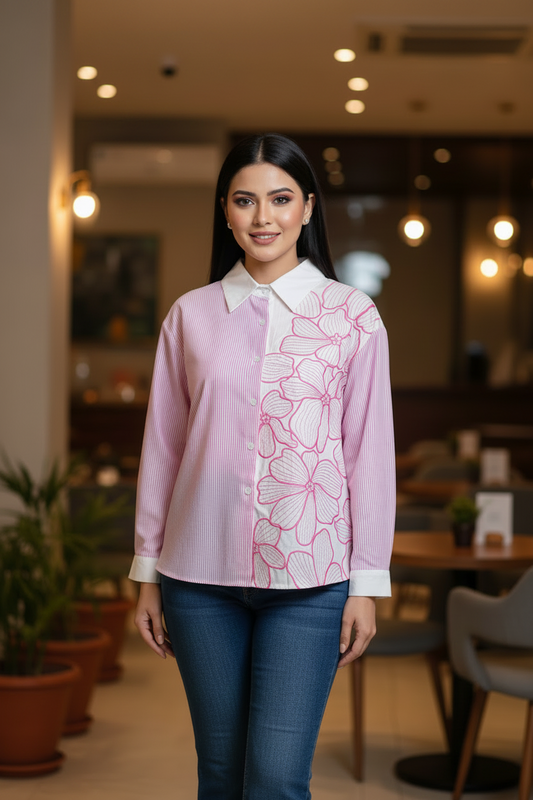 Pure Cotton Floral Embroidered Korean Shirt | Regular Fit Casual Top