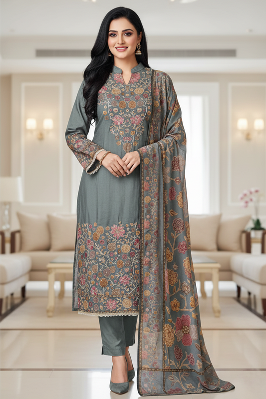 Muslin Digital Printed Semi-Stitched Suit with Zari & Sequin Highlighting Dupatta