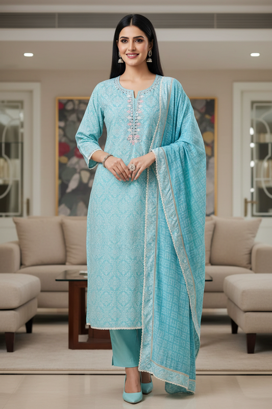 Malai Cotton Printed Unstitched Suit with Mirror Work and Crochet Lacing Dupatta