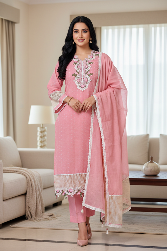 Jamdani Cotton Self Design Unstitched Suit with Crochet Lacing and 3D Floral Work Dupatta