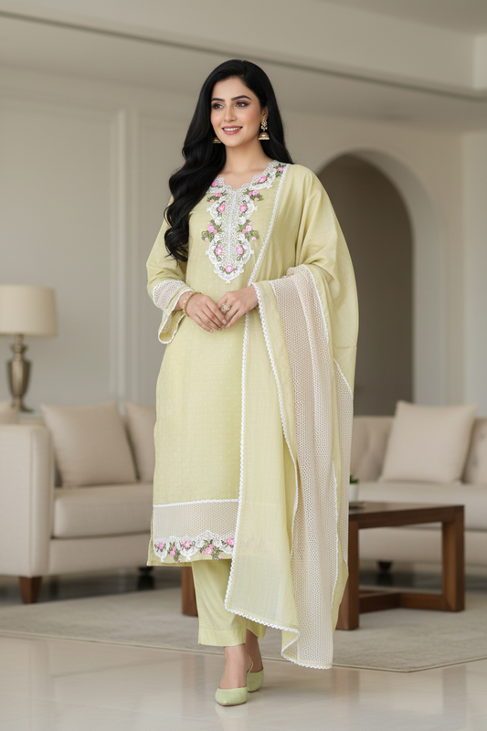 Jamdani Cotton Self Design Unstitched Suit with Crochet Lacing and 3D Floral Work Dupatta
