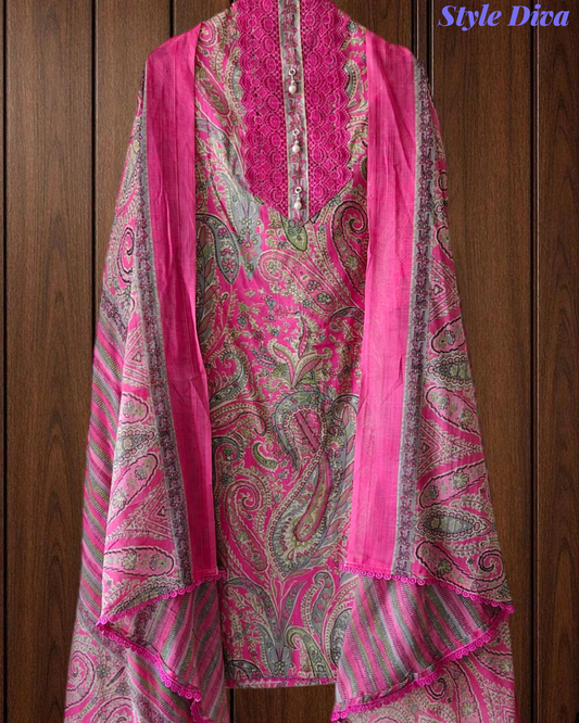 Cotton Digital Printed Crochet Lacing Unstitched Suit with Mul Cotton Dupatta