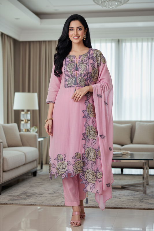 Mul Cotton Gotta Work & Scalloped Embroidery Un-Stitched Suit with Scalloped Dupatta