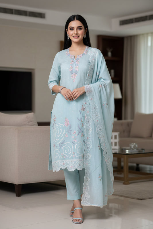 Mul Cotton Parsi Embroidered Un-Stitched Suit Set with Scalloped Embroidered Dupatta