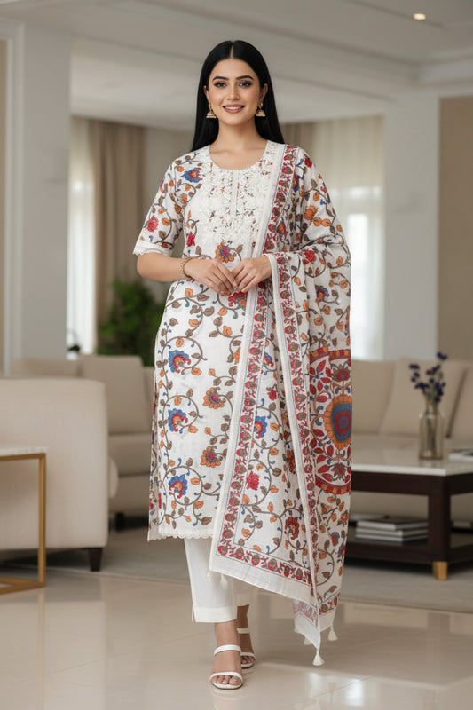 Linen Cotton Printed Un-Stitched Suit (3 Pc Set) with Neck Embroidery & Printed Dupatta