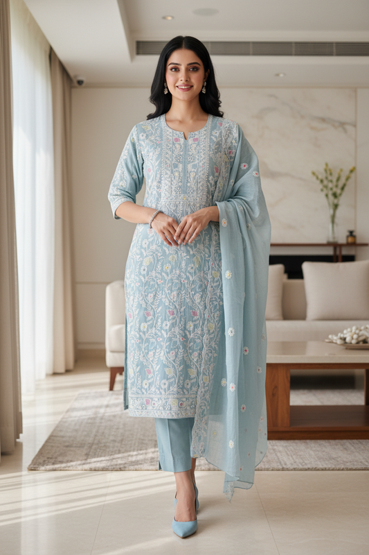 Mul Cotton Overall Embroidered Un-Stitched Suit With Designer Embroidery Dupatta