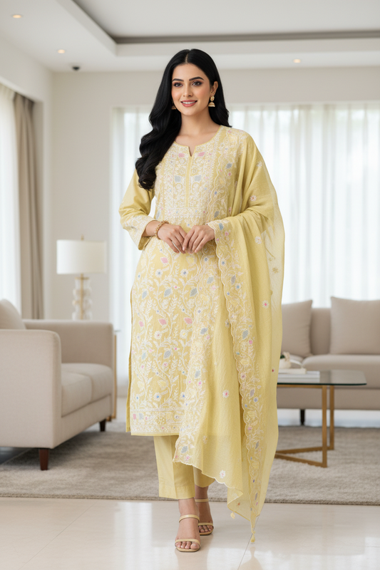 Mul Cotton Overall Embroidered Un-Stitched Suit With Designer Embroidery Dupatta