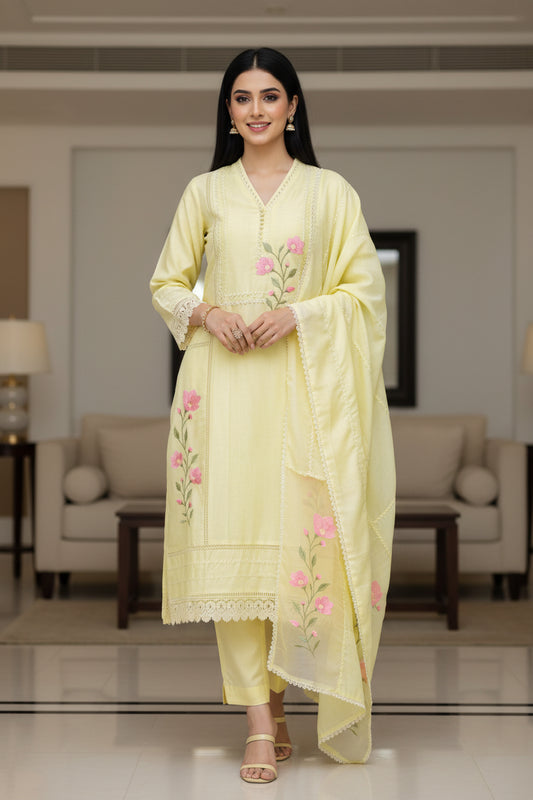 Cotton Khadi Pakistani Style Semi-Stitched Suit with Crochet Lacing Work