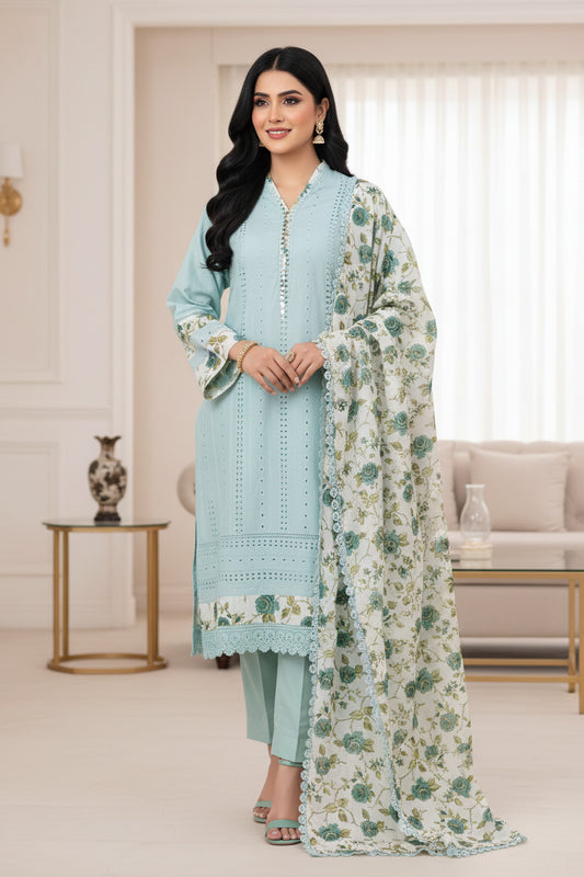 Hakoba Cotton Crochet Lacing Semi-Stitched Suit with Pure Cotton Printed Dupatta