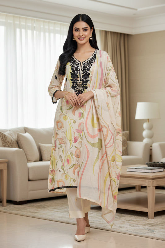 Premium Mul Cotton Digital Printed Un-Stitched Suit with Cut Dana Embroidery | 3 Pc Set