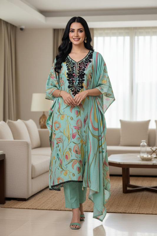 Premium Mul Cotton Digital Printed Un-Stitched Suit with Cut Dana Embroidery | 3 Pc Set