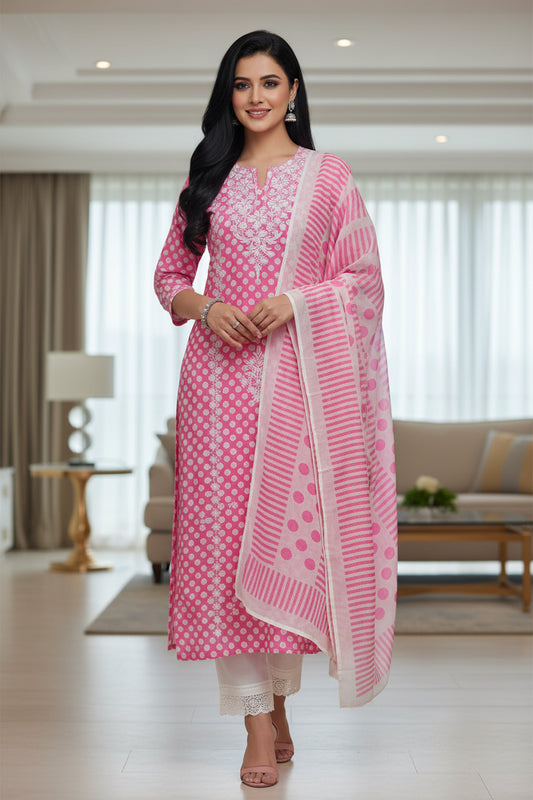 Pure Cotton Polka Printed Embroidered Un-Stitched Suit with Chikani Kari Work Bottom
