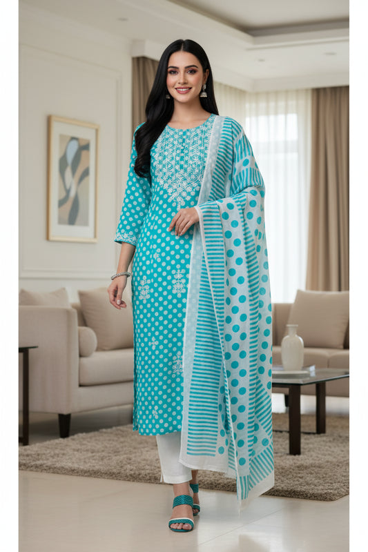 Pure Cotton Polka Printed Embroidered Un-Stitched Suit with Chikani Kari Work Bottom