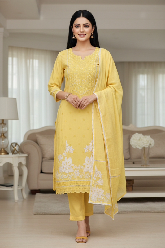 Mul Cotton Dual Embroidered Unstitched Suit with Crochet Lace Dupatta | Festive & Party Wear