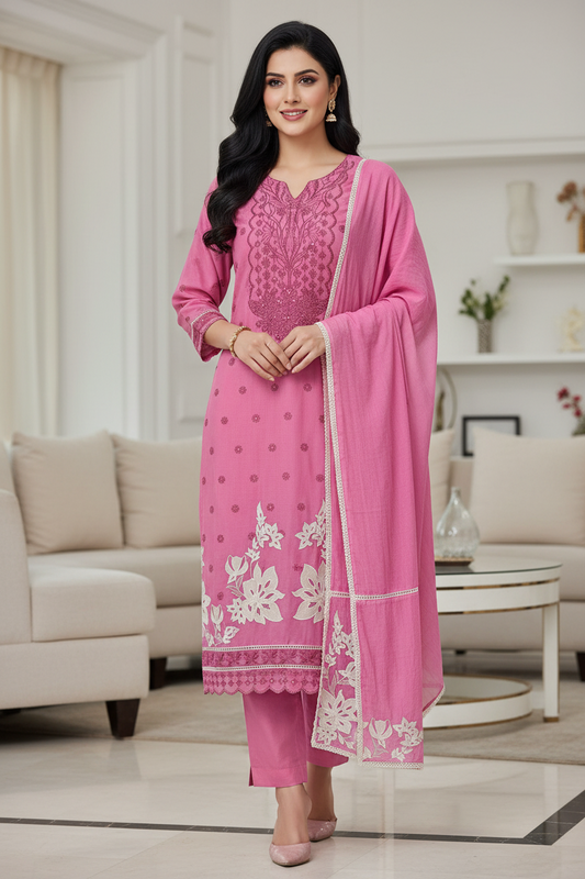 Mul Cotton Dual Embroidered Unstitched Suit with Crochet Lace Dupatta | Festive & Party Wear