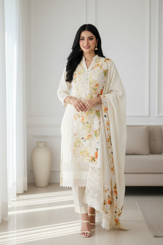Premium Pure Cotton Laser Cut Embroidered Unstitched Suit Set with Cut-Dana & Designer Dupatta