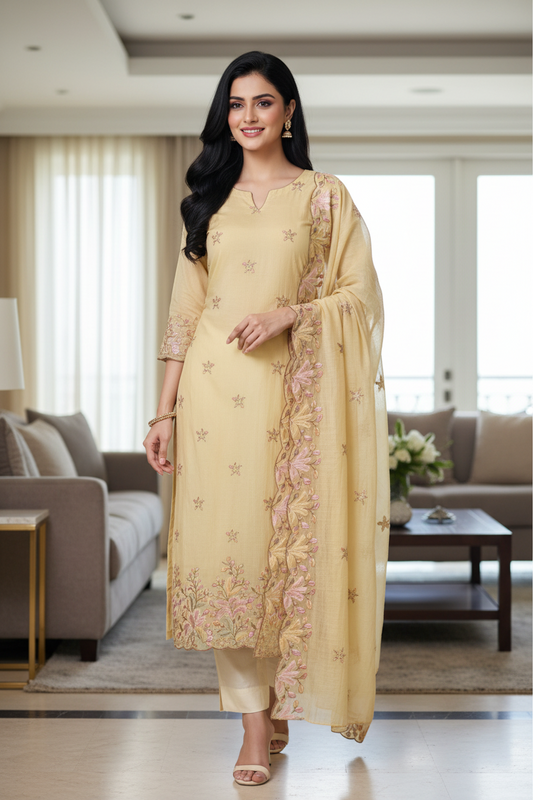 Mul Cotton Colourful Thread Embroidery Unstitched Suit Set for Women | Festive & Party Wear